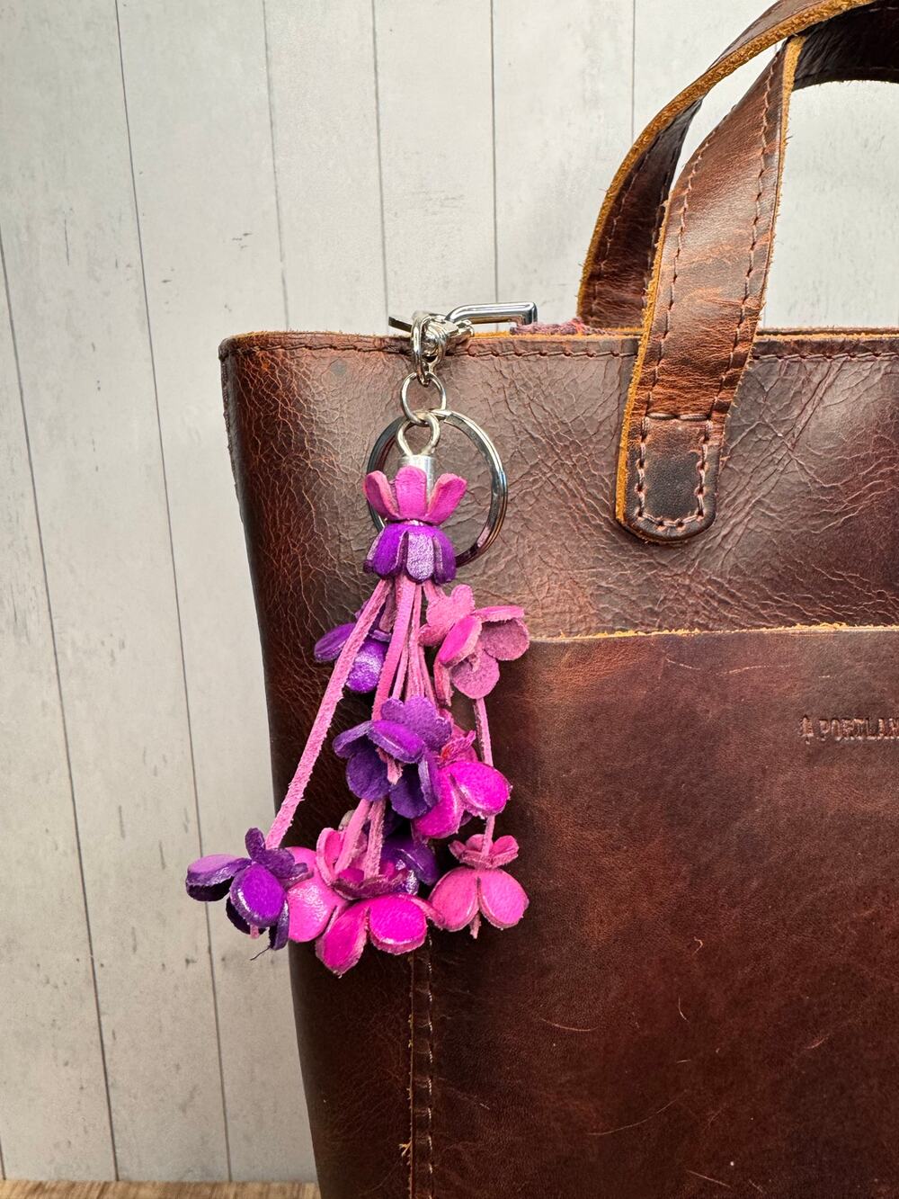 Flower Purse Charm Genuine Leather Bag Charm Dark Purple Purple Flowers Bouquet